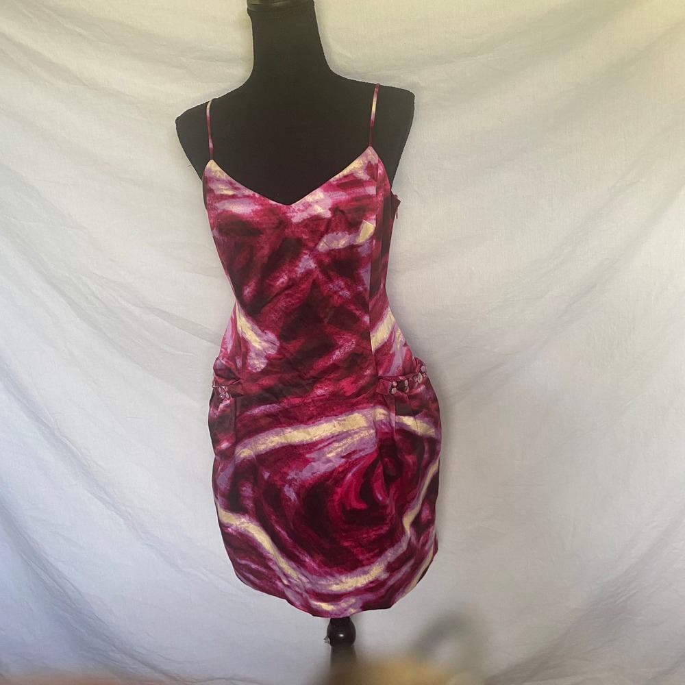 BCBGMAXAZRIA Fuchsia Abstract Rose Print Jeweled Pocket Tulip Mini Dress Sz6